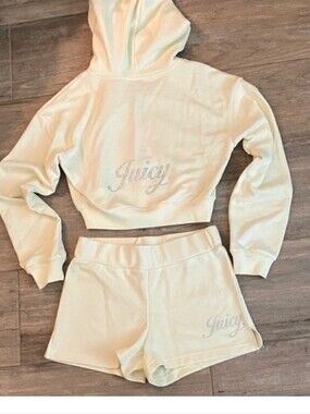 Juicy Couture Banana Yellow Two 2 Piece Hoodie Shorts Set Long Sleeve Zip Up XL